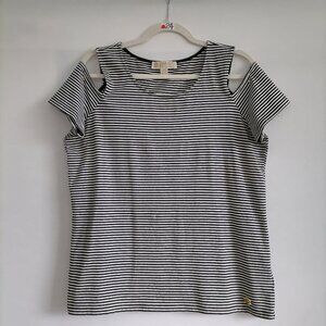 Michael Michael Kors Womens Black Striped Cold Shoulder Sleeve T-Shirt Size L
